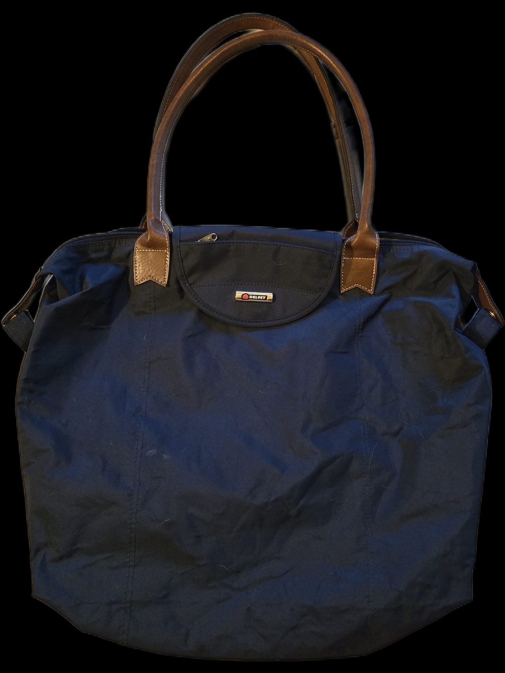 Delsey Navy Fabric Tote with Gold Logo and Red Accent. Gray Patterned Inside.